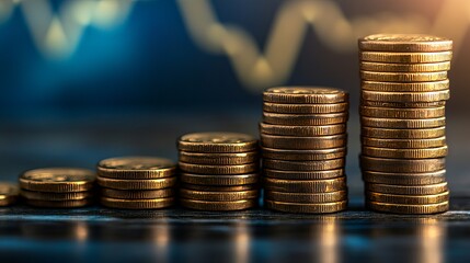 Stacks of gold coins rising in a progressive pattern against a blurred financial chart background