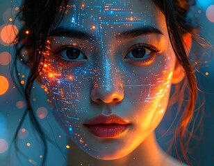 Portrait of Asian woman's face with digital data overlay and bokeh