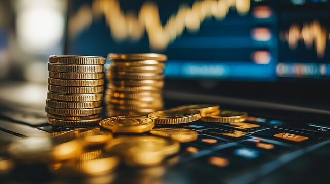 Stacks of gold coins on a laptop keyboard, with a financial chart in the background