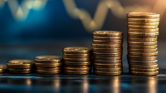 Stacks of gold coins rising in a progressive pattern against a blurred financial chart background - Powered by Adobe