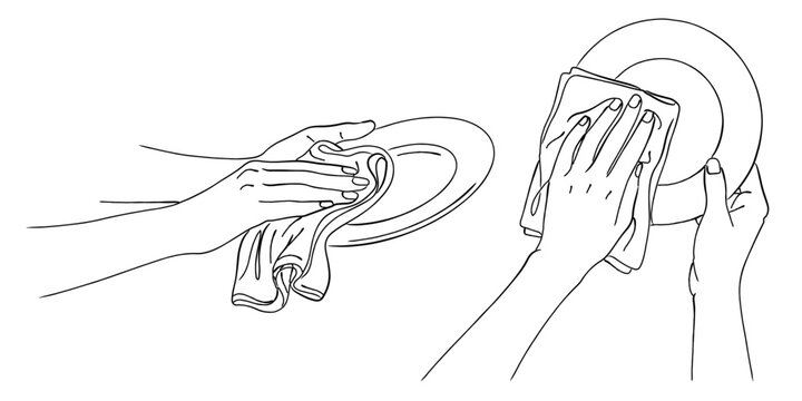 皿を布巾で拭く手（食器拭き・家事）,片付け,キッチン,手伝い,仕上げ,シンプル,ベクター,線画