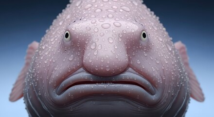 Close-up portrait of a blobfish with water droplets displaying unique characteristics and texture