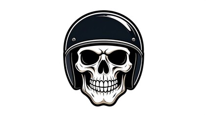 Fototapeta premium Graphic rendering of a human skull wearing a black full-face helmet. The skull is centered against a white background