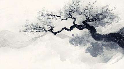 Abstract grayscale image of a gnarled tree over flowing hills.