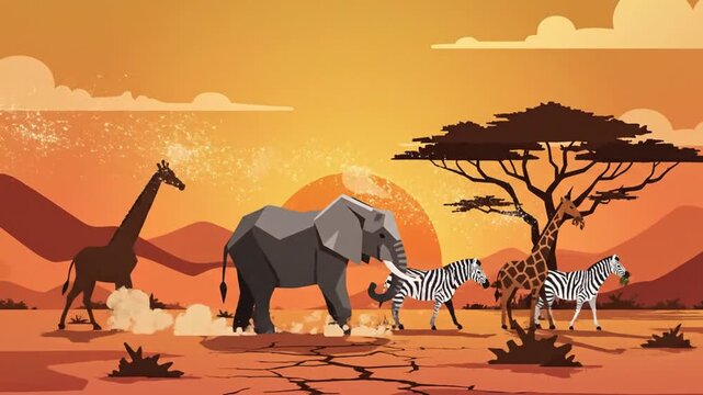 A stylized animated depiction of an African savanna scene with animals at sunset