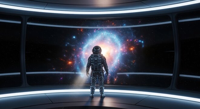 Astronaut contemplates vast cosmic phenomena within a futuristic observation deck