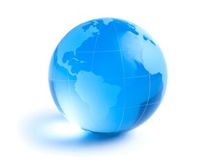 A translucent, blue globe depicting continents and oceans, isolated against a white backdrop with a soft shadow