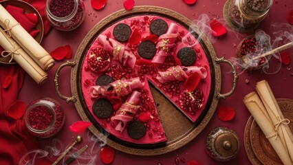 An overhead shot showcases a vibrant red pomegranate cake, adorned with chocolate cookies and pomegranate seeds, set on a decorative tray amidst a rich red backdrop with scrolls and spices