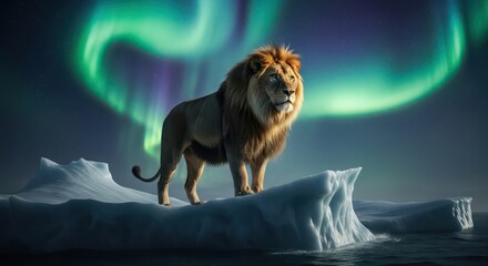 Majestic lion atop a glacial throne beneath the vibrant aurora borealis captivating spectacle