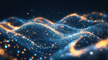 Abstract glowing blue and orange particle wave.