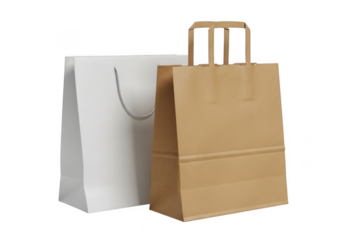 Two shopping bags, one brown paper with handles and one white paper, isolated on transparent background