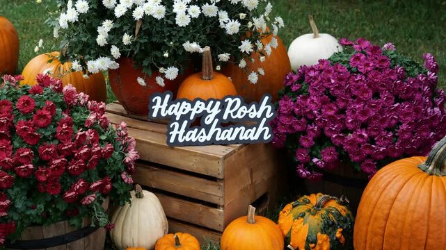 Person sets the wording Happy Rosh Hashanah on a wood crate surrounding by pumpkins and mums in the fall Autumn 4K Video Stock Footage