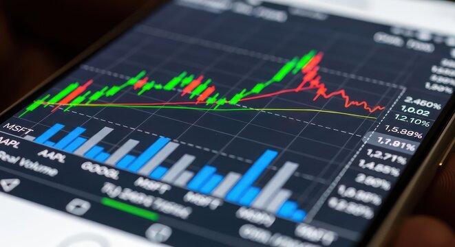 Smartphone showcasing dynamic financial data visualization with stock market trends analysis