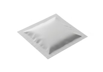 Blank silver foil sachet packet mockup, square shape, isolated on transparent background for product presentation or packaging design