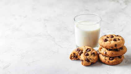 Chocolate Chip Cookies and Milk on a White Surface.