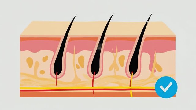 Anatomical Cross Section of Skin Showing Hair Follicles with Checkmark for Laser Treatment Success