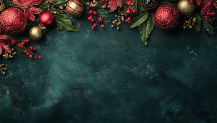 Festive Christmas Background with Ornaments and Berries on Dark Surface.