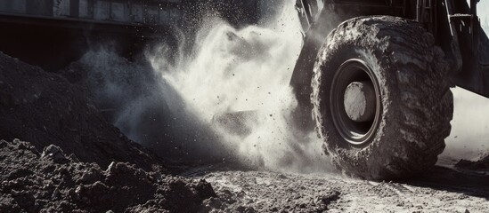 Heavy machinery tire kicking up dust while working on a construction site.