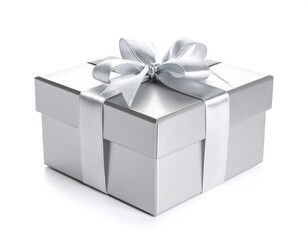 Fototapeta premium A square silver present box, elegantly tied with a matching ribbon and bow, sits on a pristine white backdrop