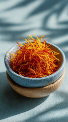 Fototapeta premium A small ceramic bowl filled with vibrant saffron threads, captured under gentle natural lighting. The image emphasizes the delicate texture, rich crimson-golden tones, and premium quality of the spice