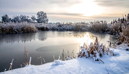 Serene winter landscape, calm water, sun reflects, frosted reeds