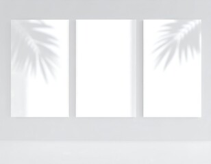 Three vertical blank canvases on a white wall. Shadows of palm leaves create decorative patterns. A minimalist aesthetic