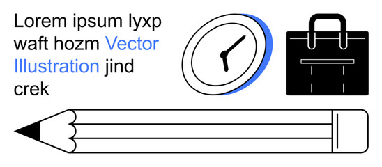 Time management, office tools, productivity, work essentials, education, design. Clock, pencil briefcase and text. Time management and office tools concept to enhance productivity