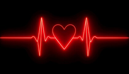 A vibrant red, neon-style heartbeat line, encompassing a heart shape, pulsates against a stark black backdrop