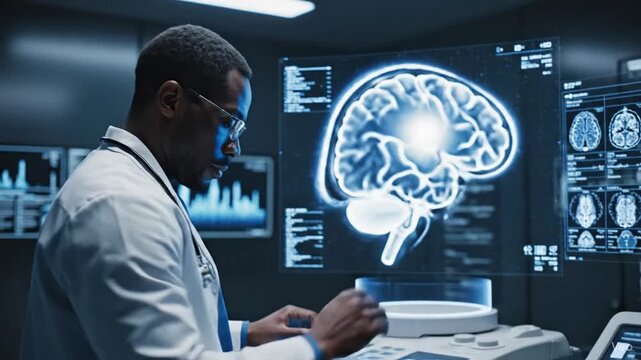 Medical professional analyzing brain scans and data on futuristic interface.