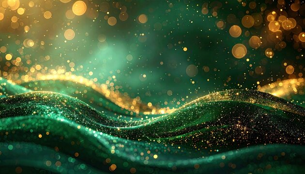 Abstract flowing waves of emerald green with golden shimmering particles and bokeh lights.
