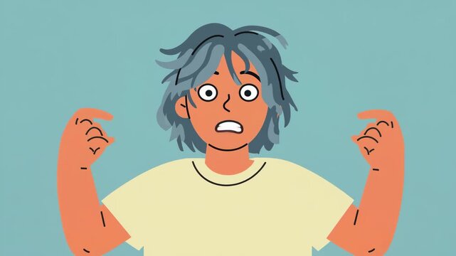 Cartoon character boy looking confused and dizzy with messy hair and wide eyes against a blue background
