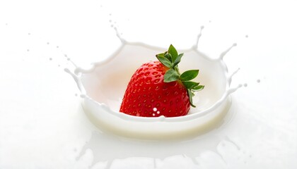A vibrant red strawberry, complete with green leaves, splashes into a pool of creamy white liquid, creating a dynamic crown