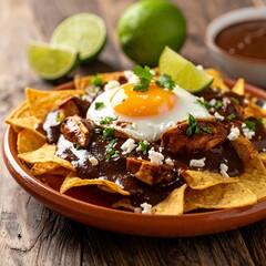 Plate of nachos topped with egg, sauce, and crumbled cheese