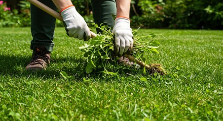 Gardener pulling weeds from a lush green lawn on a sunny day.