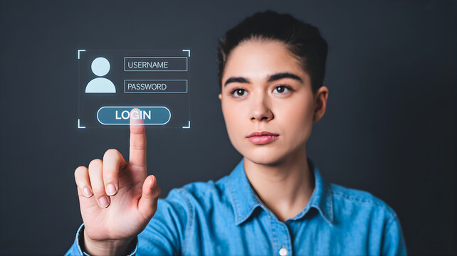 Young woman interacting with a futuristic holographic login screen, emphasizing digital security and access control in the modern technological landscape
