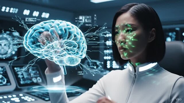 Woman interacting with futuristic brain interface technology in a high-tech control room.