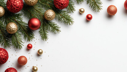 Festive Christmas Decoration with Ornaments and Greenery on White.