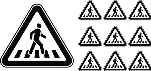 Large set of black silhouette road sign icons for pedestrian crossing or crosswalk, featuring a walking man symbol in triangular warning sign frames, isolated vector illustration on white.