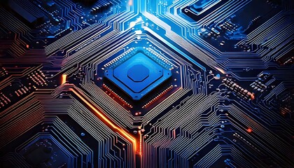 Close-up of intricate electronic circuitry, radiating lines and glowing elements around a central processing unit