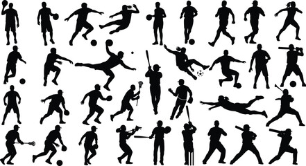 Fototapeta premium Mega set of black silhouette sports players, including baseball, soccer, basketball, lacrosse, and cricket athletes in various dynamic action poses, vector illustration on white background.