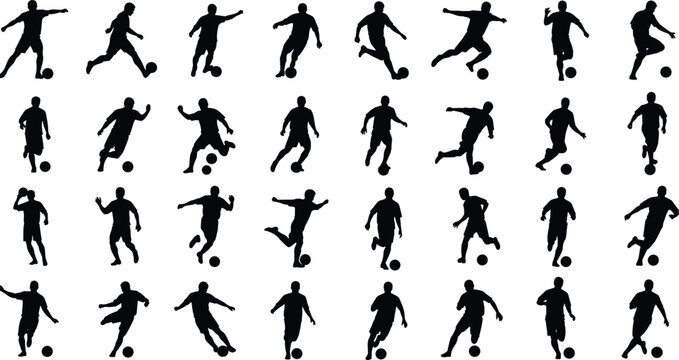 Mega set of black silhouette soccer players in various dynamic action poses, including running, kicking, dribbling, and controlling the ball, isolated sport vector illustration on white.