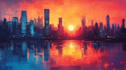 City painting with sunset for a futuristic art or retro wallpaper with evening vibes. Urban designs, neon colors, and orange hues for modern cityscape imagery, Generative AI