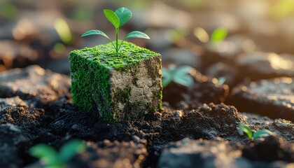 Vibrant seedling growing atop mossy stone inspires eco friendly concepts