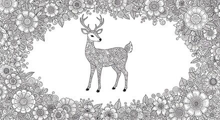 Intricate Deer Coloring Page with Floral Border for Relaxation.