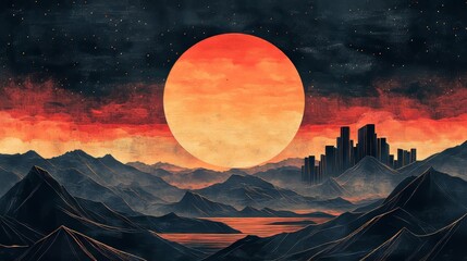 City illustration with sun, retro art for wallpaper, and an eclipse for wall dcor with textured backgrounds. Street art, creative sunset illustrations with neon highlights, Generative AI