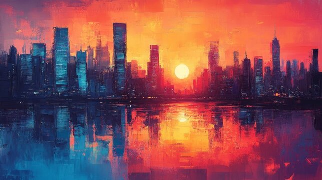 City painting with sunset for a futuristic art or retro wallpaper with evening vibes. Urban designs, neon colors, and orange hues for modern cityscape imagery, Generative AI