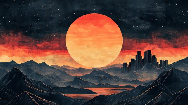 City illustration with sun, retro art for wallpaper, and an eclipse for wall dcor with textured backgrounds. Street art, creative sunset illustrations with neon highlights, Generative AI