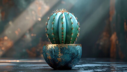 Elegant blue cactus in gold speckled pot for unique home decor accent