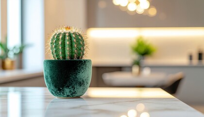 Elegant cactus in velvet pot adds modern style to bright kitchen decor