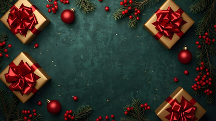 Christmas Flat Lay Background with Golden Gift Boxes, Red Ornaments and Pine Branches on Green